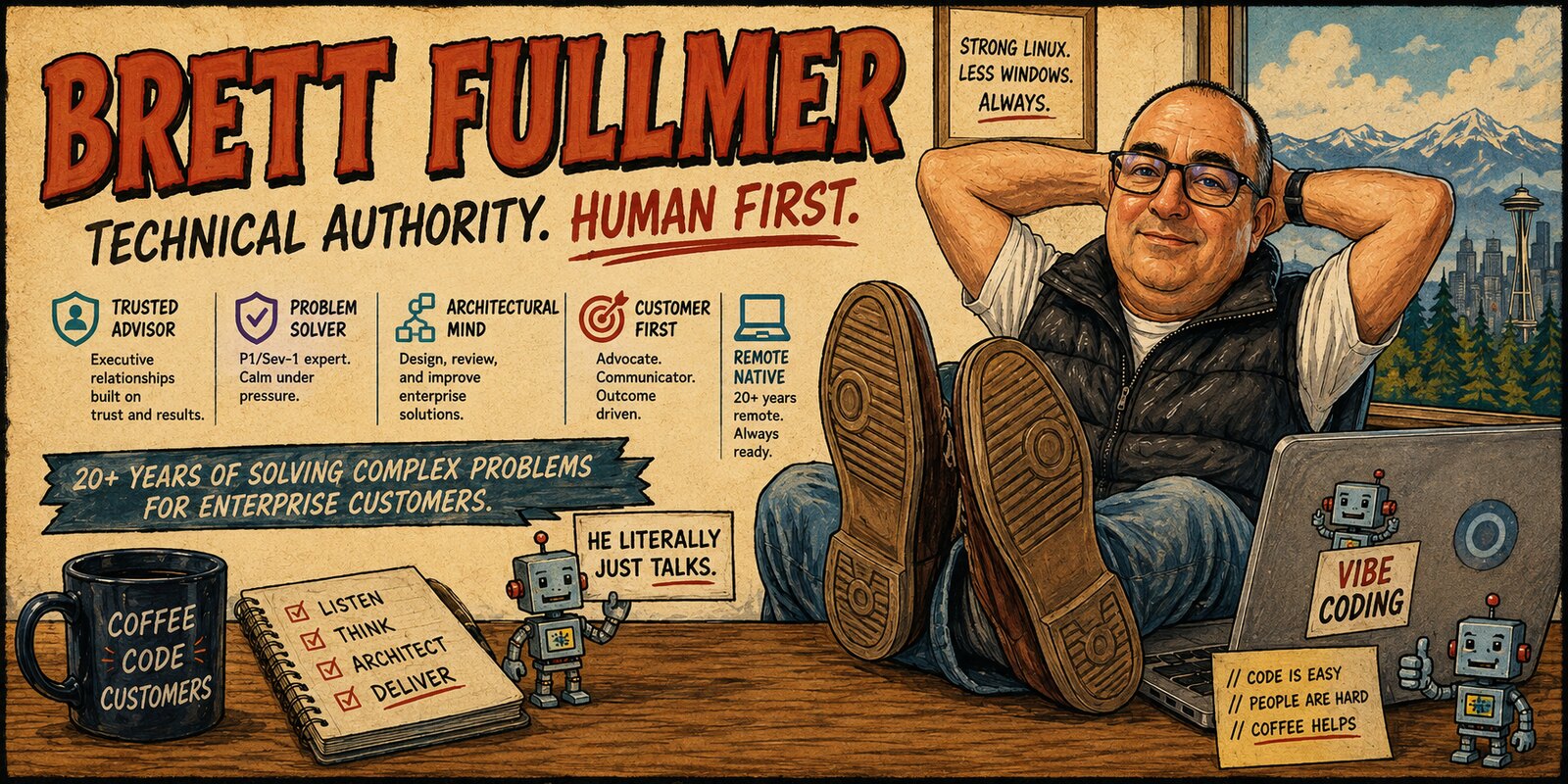 Illustrated poster of Brett Fullmer relaxing with his feet up on a desk beside cartoon AI robots, Mount Rainier and the Space Needle out the window. Headline: Technical Authority. Human First. Panels list: Trusted Advisor, Problem Solver, Architectural Mind, Customer First, Remote Native.