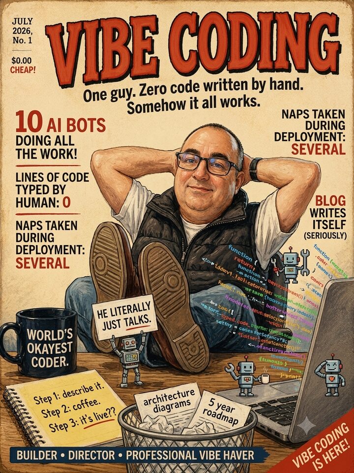 Satirical 'Vibe Coding' magazine cover featuring Brett Fullmer with his feet up on a desk, surrounded by cartoon AI robots. Headline: One guy. Zero code written by hand. Somehow it all works.